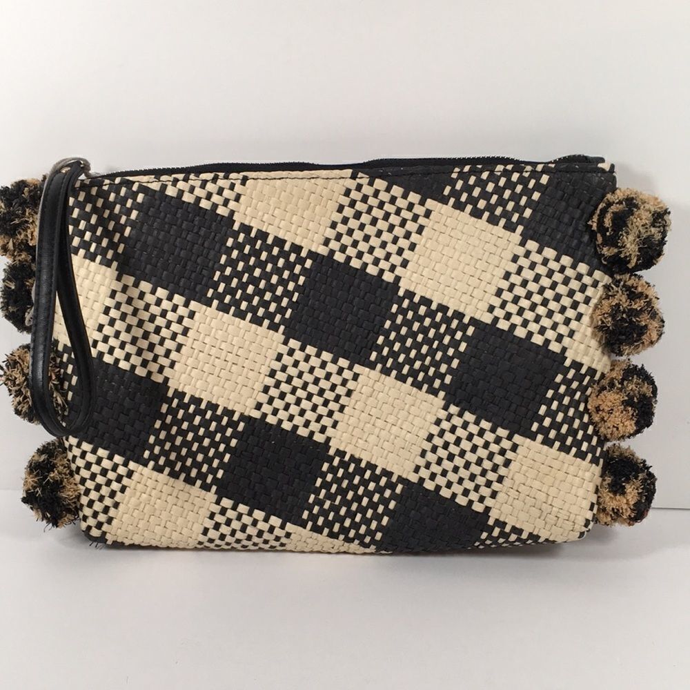 A New Day Straw Rafia Black and Creme Pom Pom Clutch Wristlet